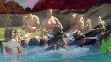 splashing in swimming pool, group of friends drinking and having fun outdoors