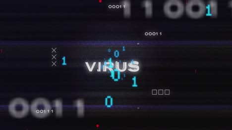 animation of binary codes over circuit board pattern around virus text against black background