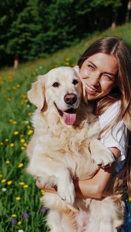 young woman embracing her golden retriever in a vibrant field of blooming flowers, soaking up the warmth of a sunny day outdoors, radiating joy and affection