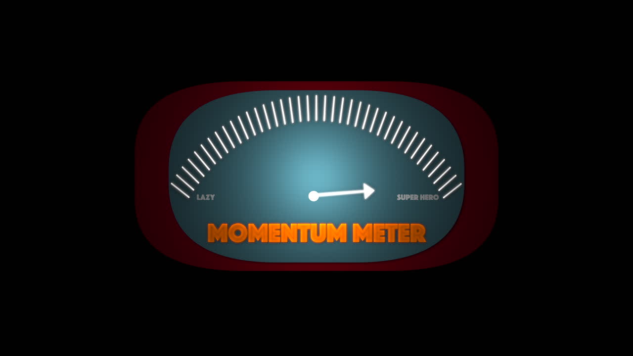 Animation measurement dial where the indicator needle accelerates from lazy level toward superhero range. Suitable for productivity, efficiency, progress, or performance concepts