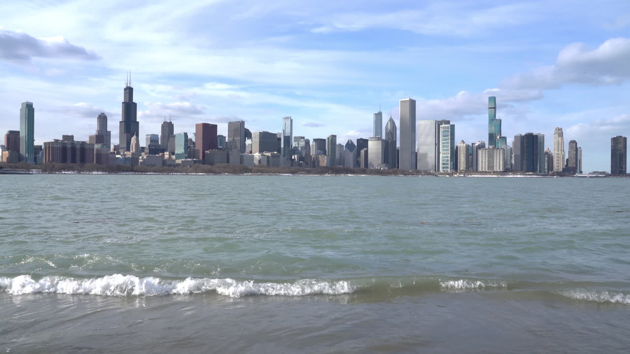 Panning shot of the Chicago Skyline and high Lake Michigan water levels along the Museum Campus