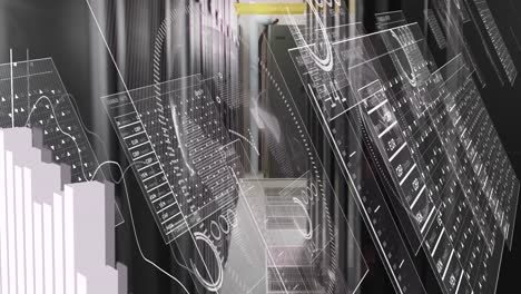 animation of interface with data processing against computer server room