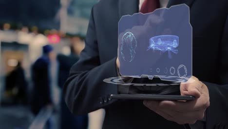 businessman uses hologram robotic vacuum cleaner