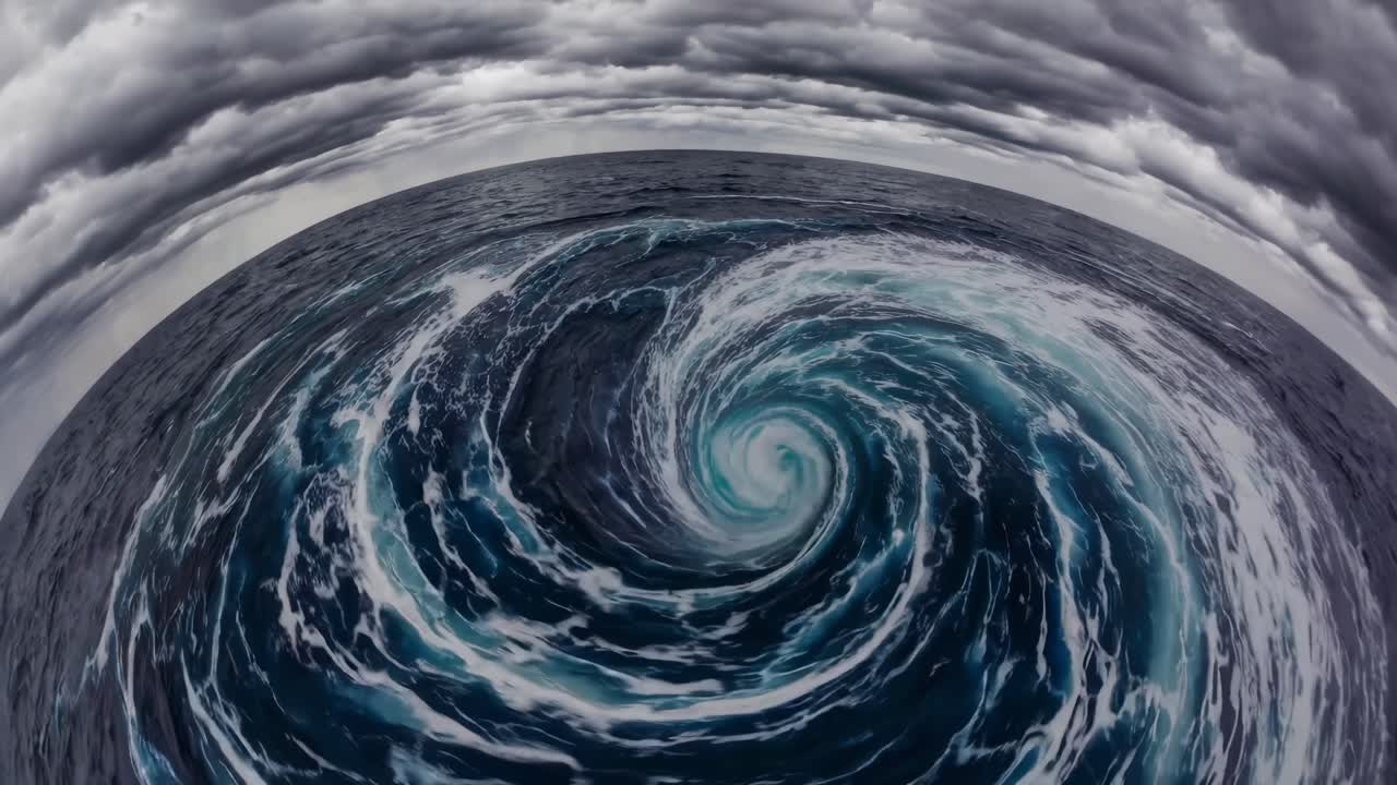 Aerial video captures a swirling ocean vortex under dramatic cloudy skies, creating a dynamic