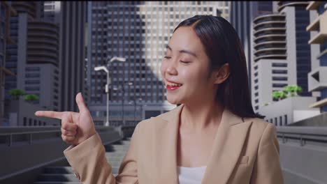 smiling business woman pointing to cityscape
