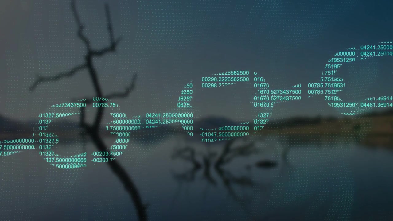 Teal numbers starting right, spreading into wavy waveform moving left across midline, showing data