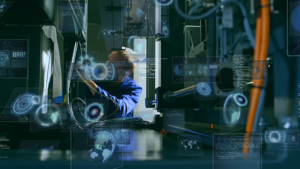 animazione dell'elaborazione dei dati con scansione dello scopo su un lavoratore caucasico in magazzino