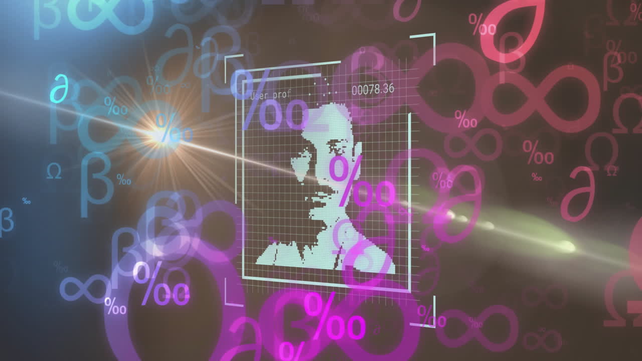 Colorful symbols and numbers overlaying animated digital face recognition portrait