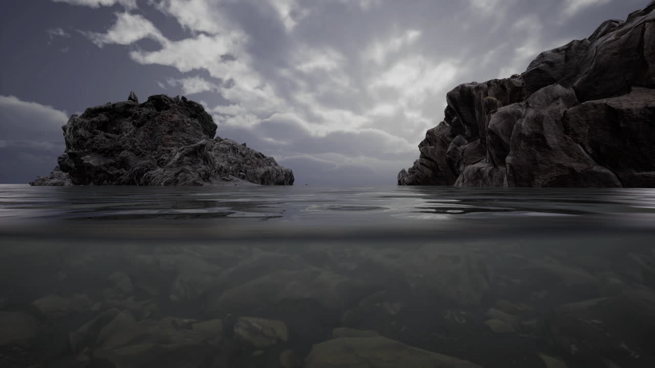 Calm water surface reflects clouds between rocky cliffs at twilight