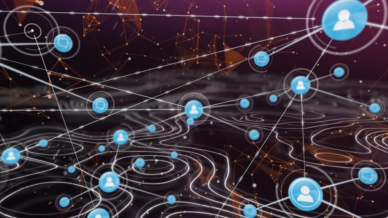 Animation of network of digital icons over plexus networks and topography against purple background