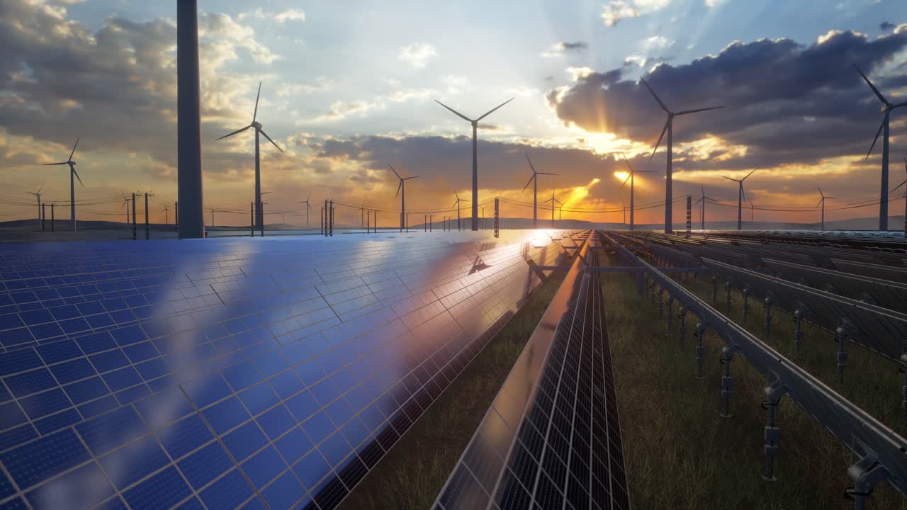 Fontes de energia alternativas com turbina eólica e painel solar para produção de energia verde.