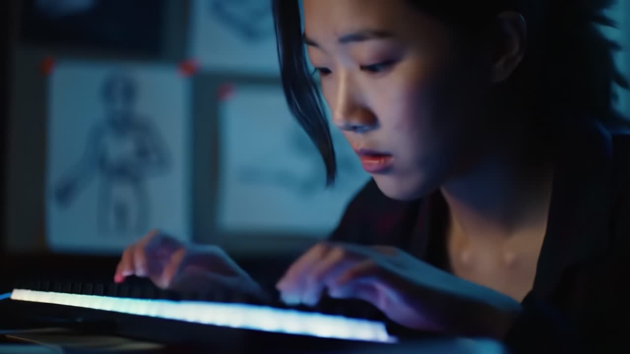 A Focused Moment: A Young Woman Engages Deeply in Digital Creativity at Night, Illuminated by the Glow of Her Keyboard and Surrounded by Illustrations