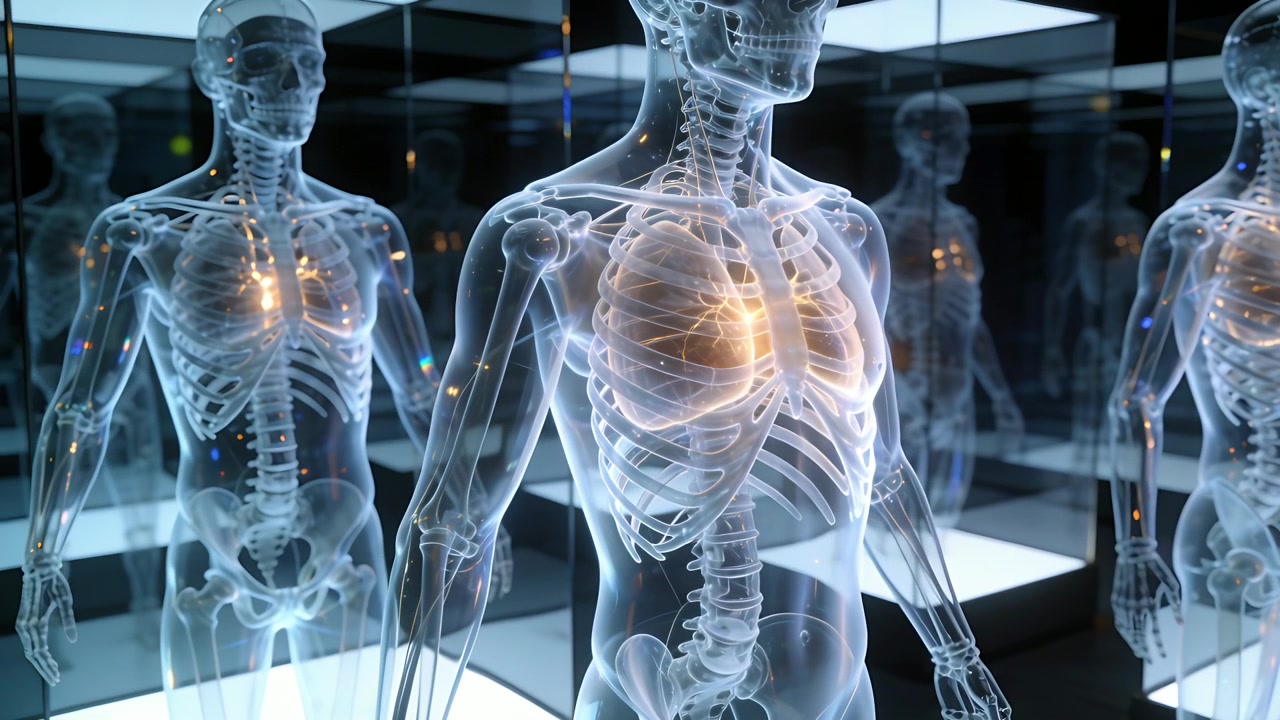 Sykkivä, selkeä anatomiamalli valaistuine keuhkoineen näyttelyssä kameran liikkuessa, peilit heijastavat.