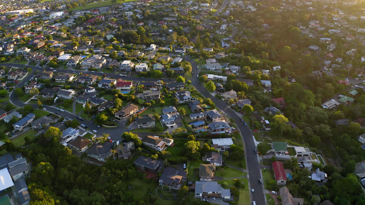 Aerial View of a Suburban Residential Neighborhood at Golden Hour