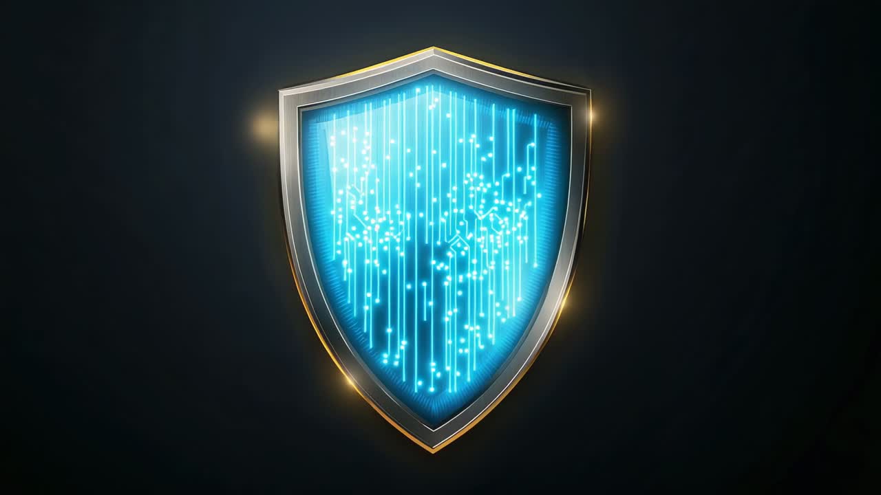Animating metallic shield responding to activation and emitting light cascade on dark backdrop