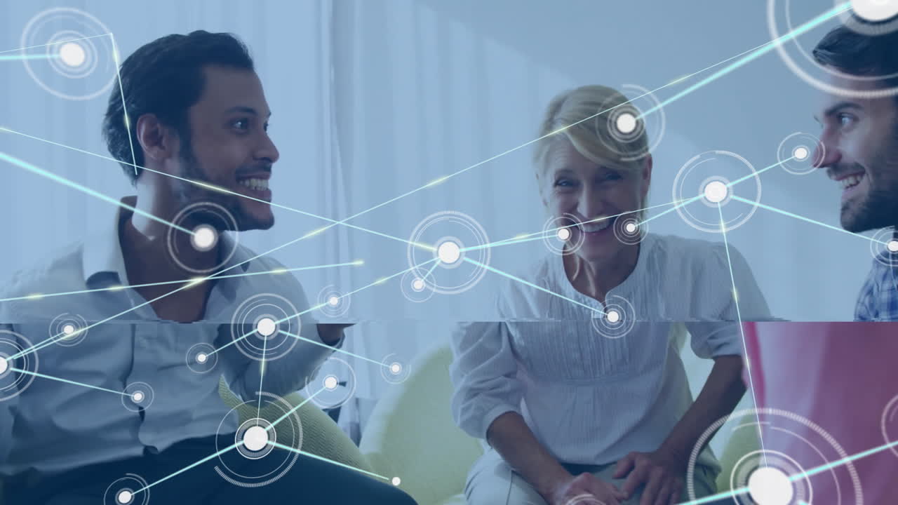 Discussing in office, people with network connections animation overlay on screen