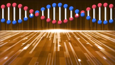 animation of dna strand over orange moving stripes and lights