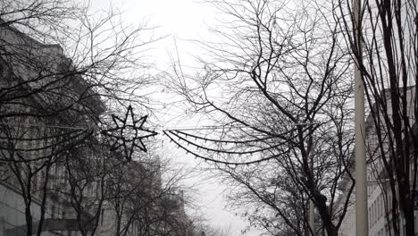 View-out-towards-Christmas-decoration-hang-up-above-street-with-dead-trees