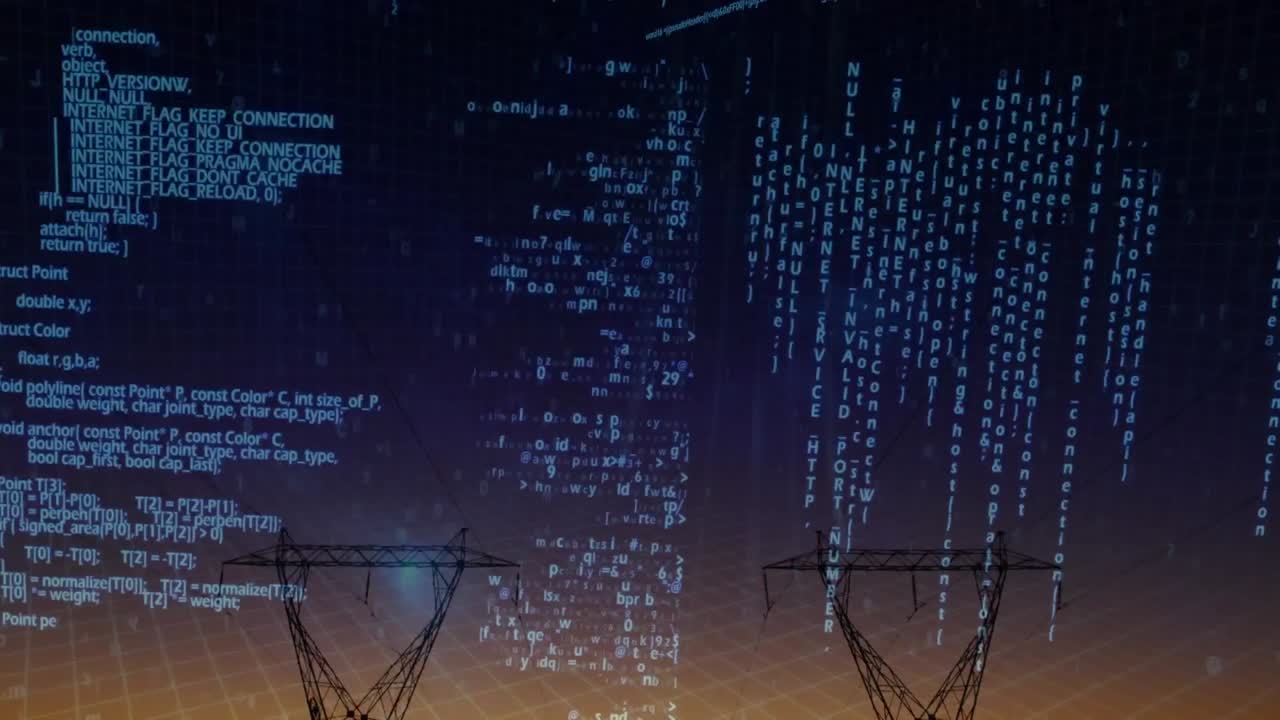 animazione dell'elaborazione dei dati sopra i pali elettrici al tramonto