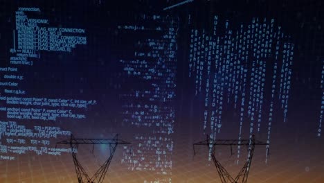 Animation of data processing over electricity poles at sunset