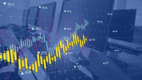 Animation-of-green-line-and-data-processing-over-computers-on-desk-in-office