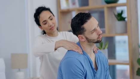 woman, man and shoulder massage in home living