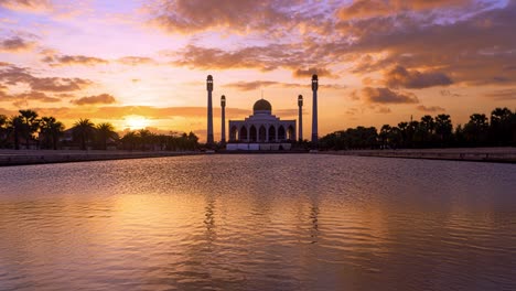 4k time lapse silhouette view of central mosque at sunset in songkhla, thailand