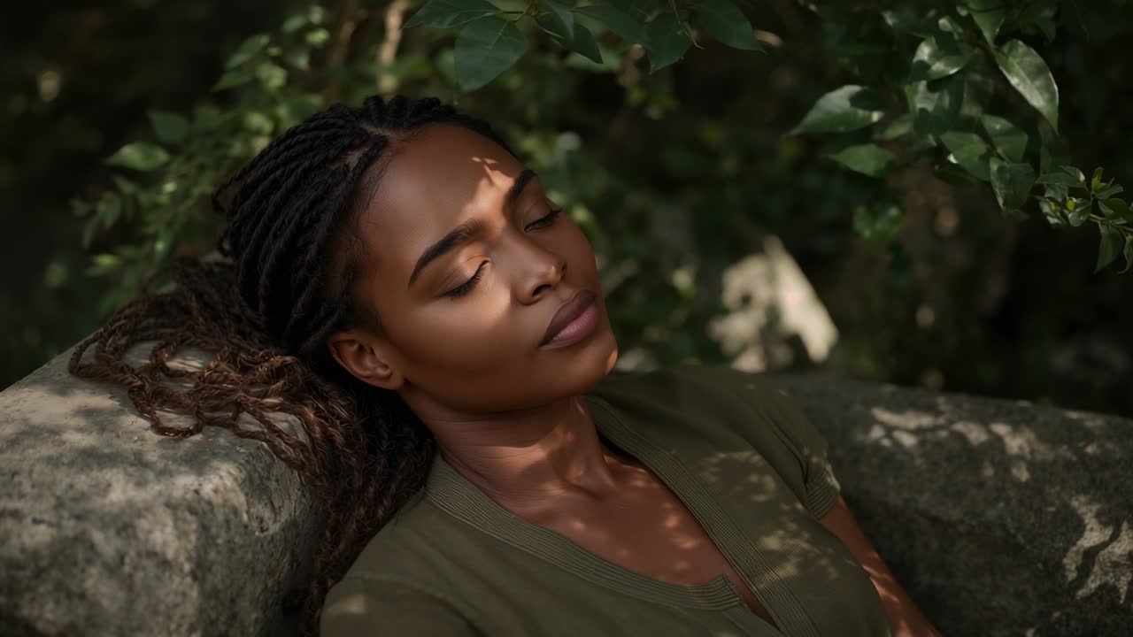 La lumière du soleil filtrant à travers les feuilles, illuminant une femme aux tresses, vêtue d'un haut vert olive, reposant sur un banc en pierre.