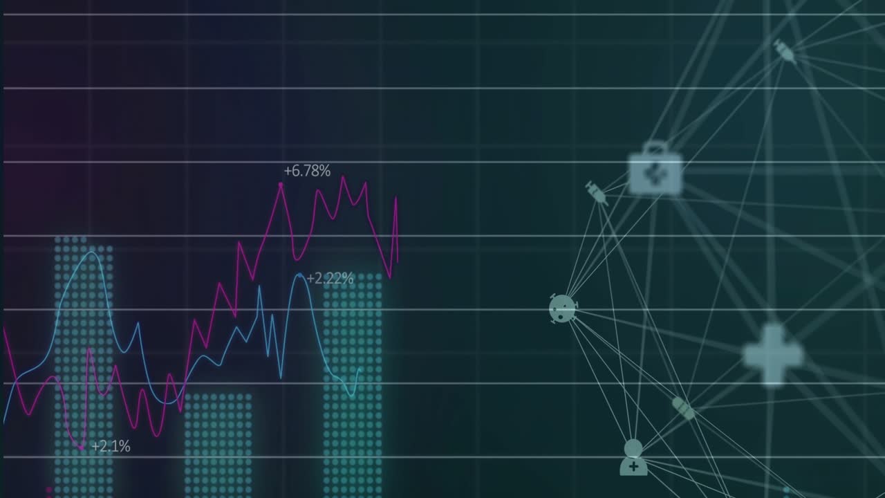 Grid activating magenta and blue lines drawing, bars rising and node icons appearing for insights