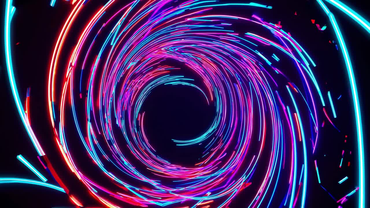Vibrant blue purple neon light trails spiraling dynamically, forming hypnotic vortex pattern against deep dark background, suggesting digital art motion graphic concept