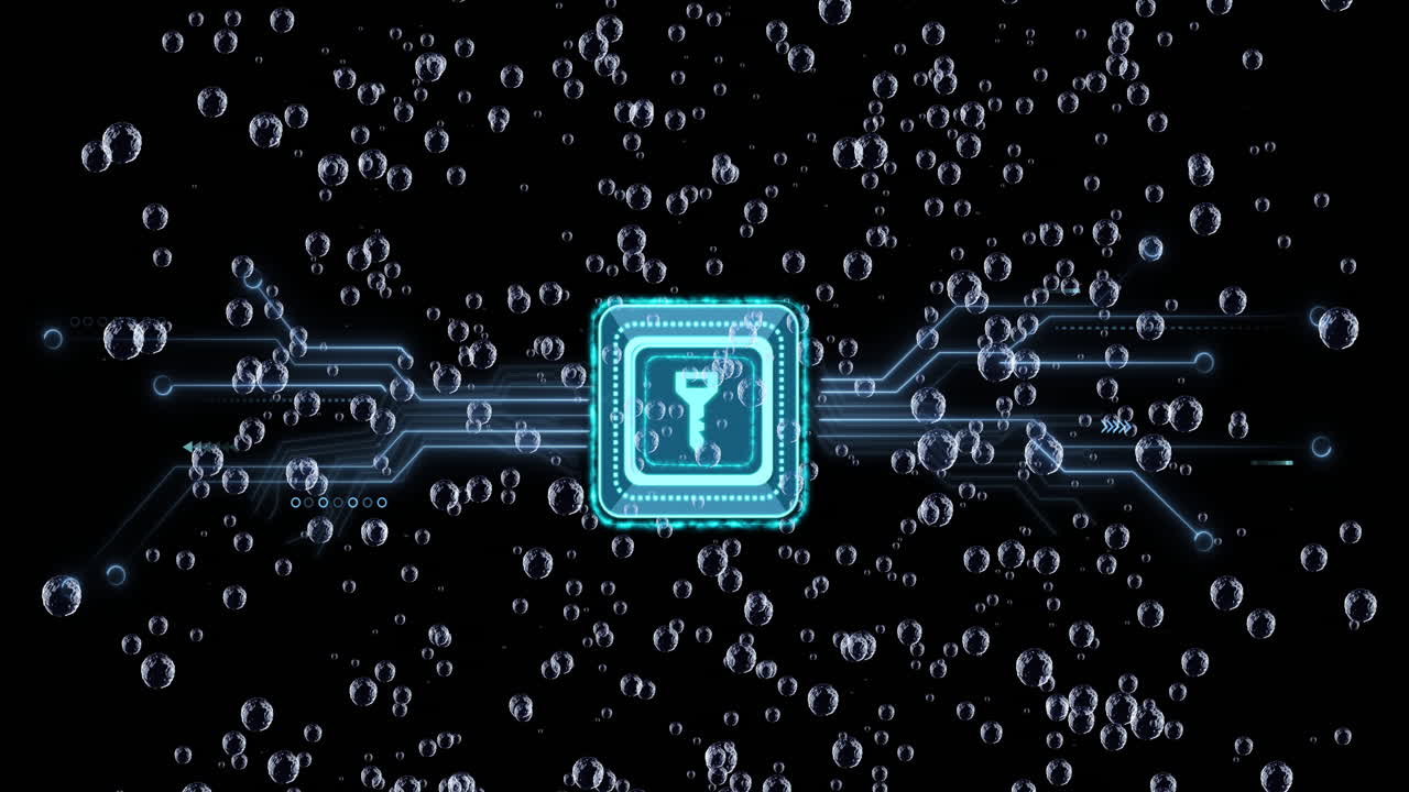 Glowing chip on circuit board with floating bubbles in animation style