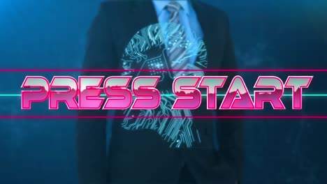 Animation-of-pink-metallic-text-press-start,-over-businessman-using-interface