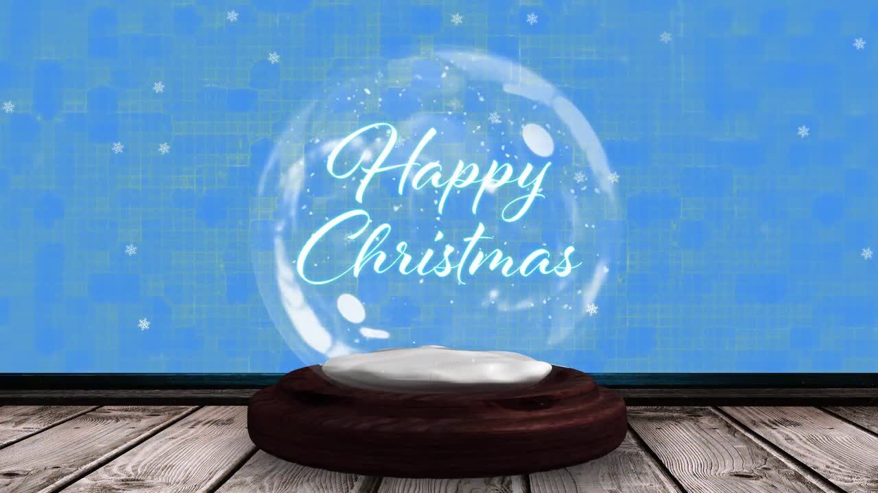 Animation of christmas season's greetings text in snow globe and shooting star on blue background
