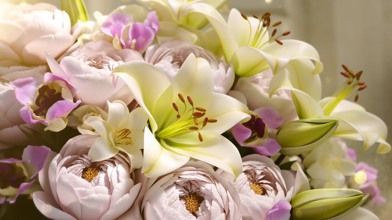 Primo piano di un bouquet floreale pastello che mostra gigli, peonie e boccioli in una luce naturale soffusa, con petali delicati.