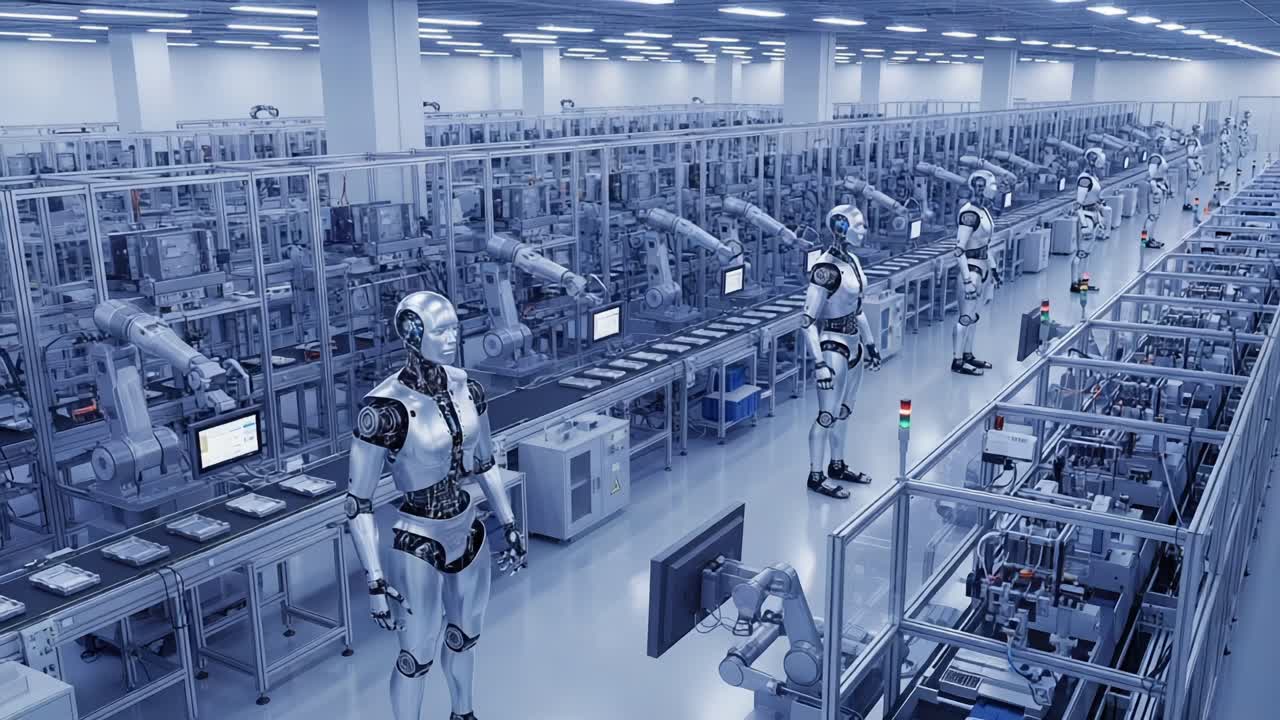Advanced Robotics Manufacturing Facility Showcasing Autonomous Machines and Automation Technology in a Modern Production Line Environment