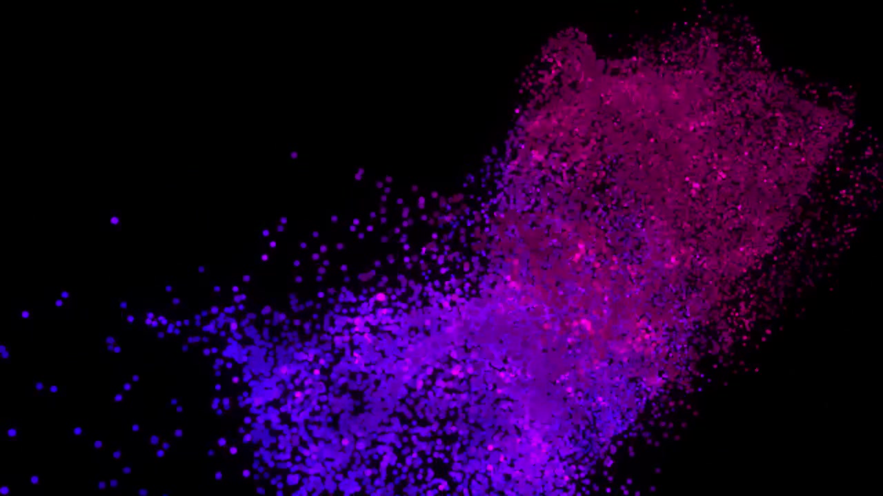Fondo negro con partículas luminosas abstractas en morado y rosa