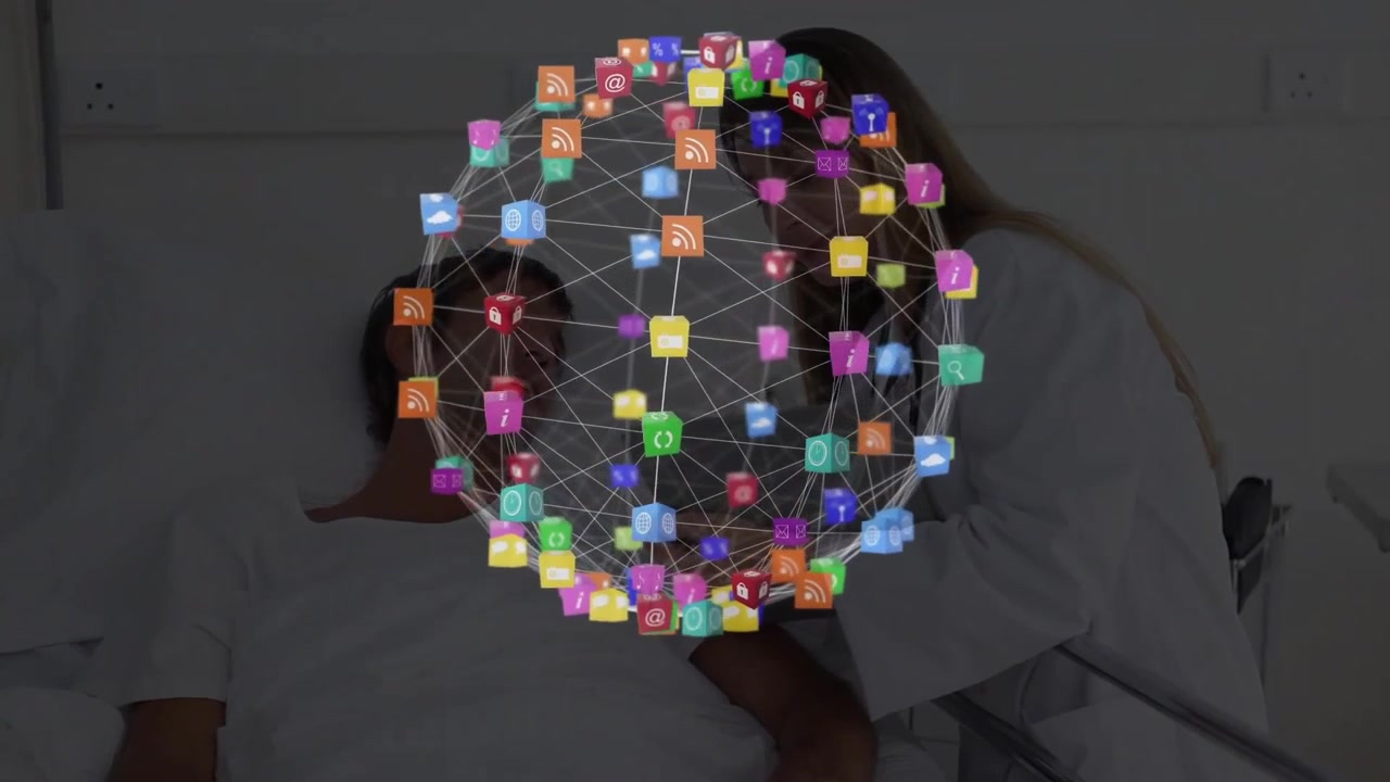 Male patient glancing tablet with female doctor, initiating icons forming rotating medical sphere