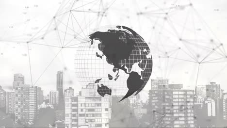animation of network of connections and globe over cityscape