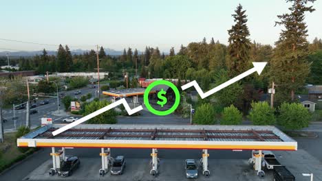 aerial animation over a gas station showing how prices of oil are rising