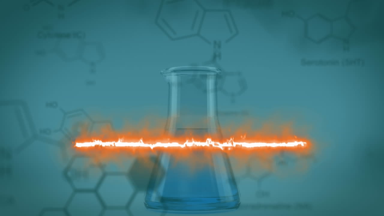 선을 형성하는 불꽃 패턴과 액체로 가득 찬 컵과 과학 공식의 애니메이션