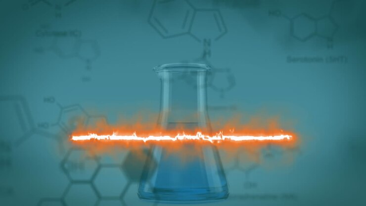 Animation of line forming flames pattern and liquid filled beaker and scientific formulas