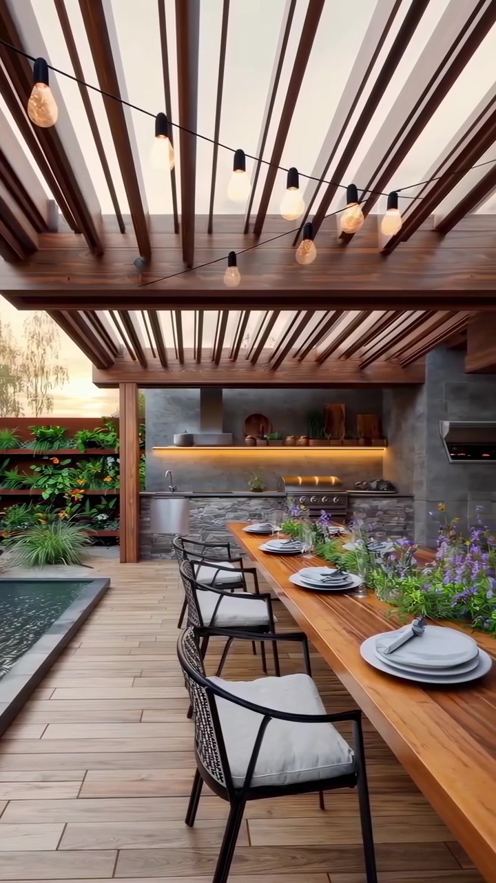 Moderner Essbereich im Freien mit Pergola und Wasserspiel