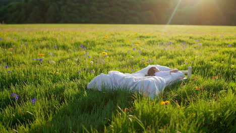 a person sleeping peacefully on a bed in a lush green field