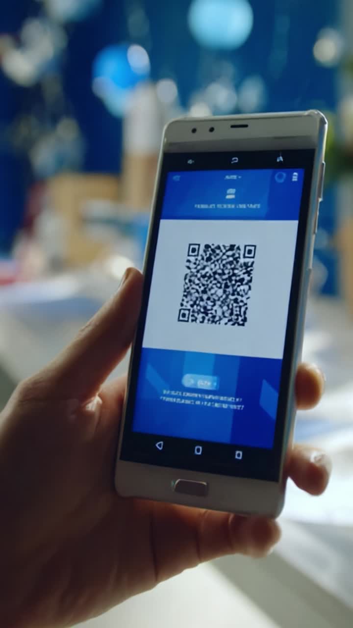 Displaying a QR code on a smartphone screen in a vibrant, colorful environment with soft lighting, highlighting the blend of technology and modern lifestyle