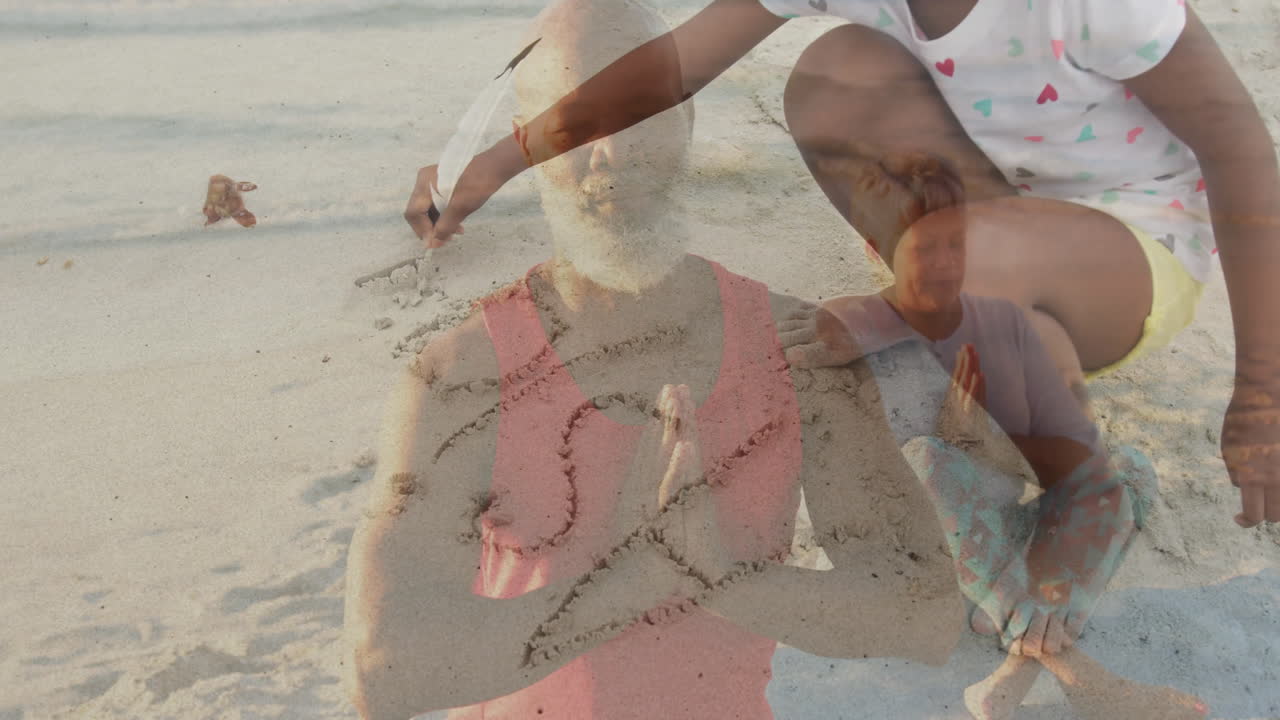 Child drawing heart in sand while person meditating on beach with animation