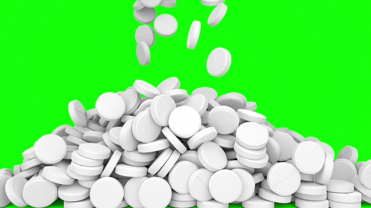 White pills tablets medication falling over green screen - 3D animation