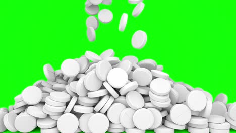 white pills tablets medication falling over green screen - 3d animation