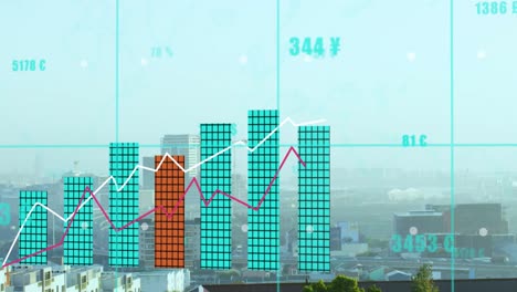 animation of statistical data processing over grid network against aerial view of cityscape