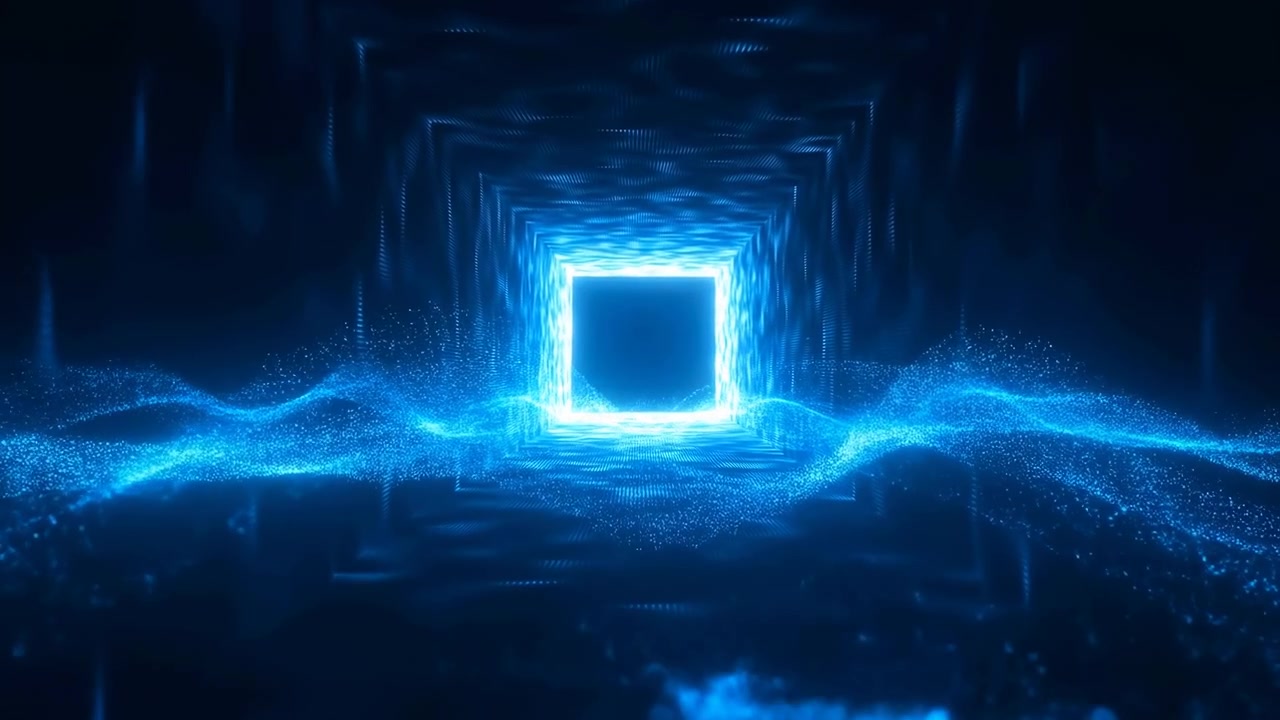 A luminous cyan square portal floats centered above a glossy dark surface, casting neon reflections across rippling granular particles and flowing waveforms