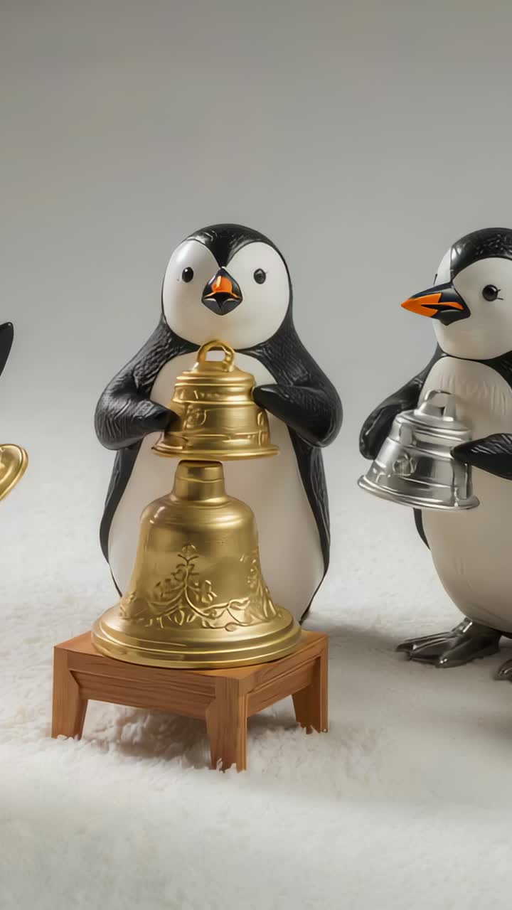 Vertical video: Frames showing center penguin lowering gold bell to align with big bell on stool